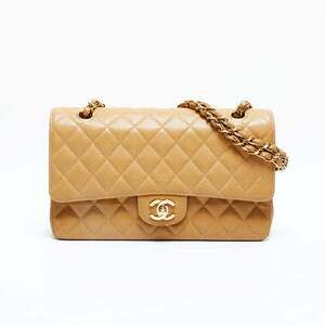 CHANEL Caviar Skin Double Flap Matelasse 25cm Chain Shoulder Bag, Beige, WS23068
